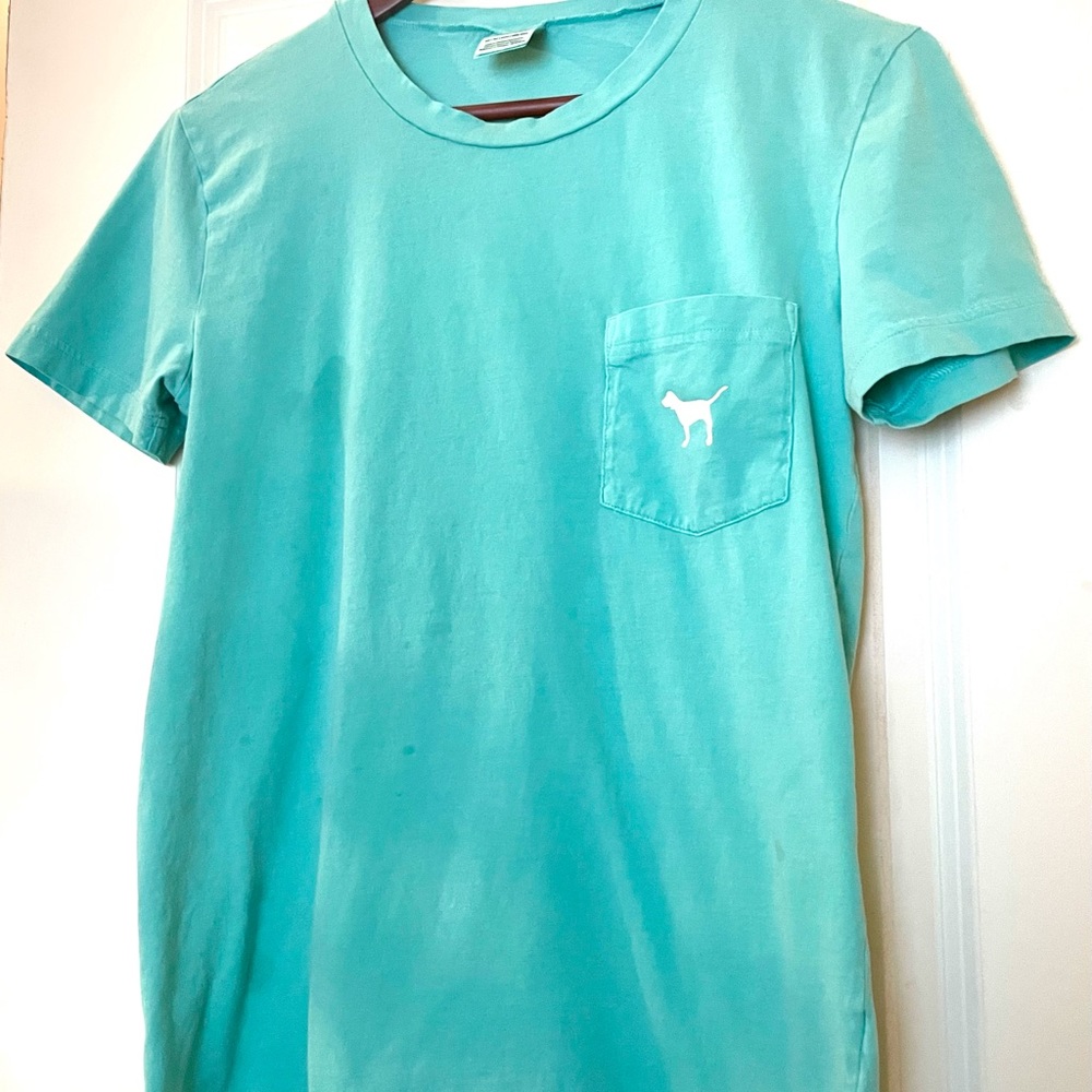 VS PINK Aqua Blue Short Sleeve Logo Pocket Tee XS